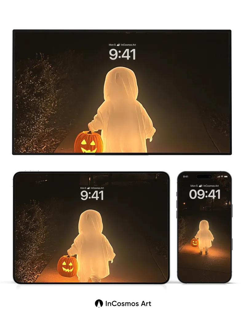 Glowing Ghost Wallpaper with Pumpkin Light