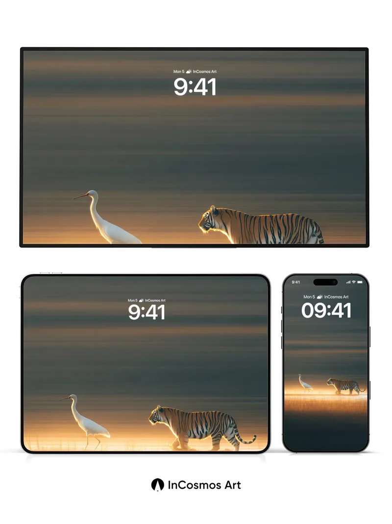 Golden Silence Wallpaper with Tiger and Heron