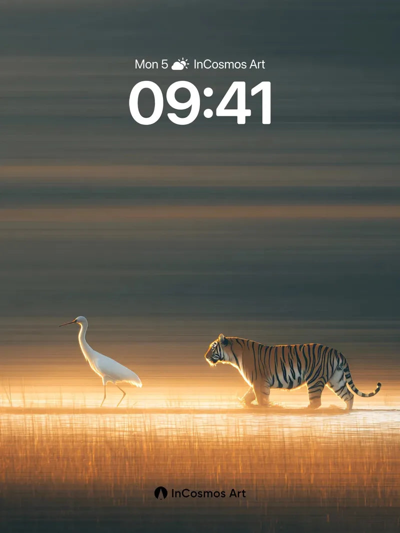 Golden Silence Wallpaper with Tiger and Heron