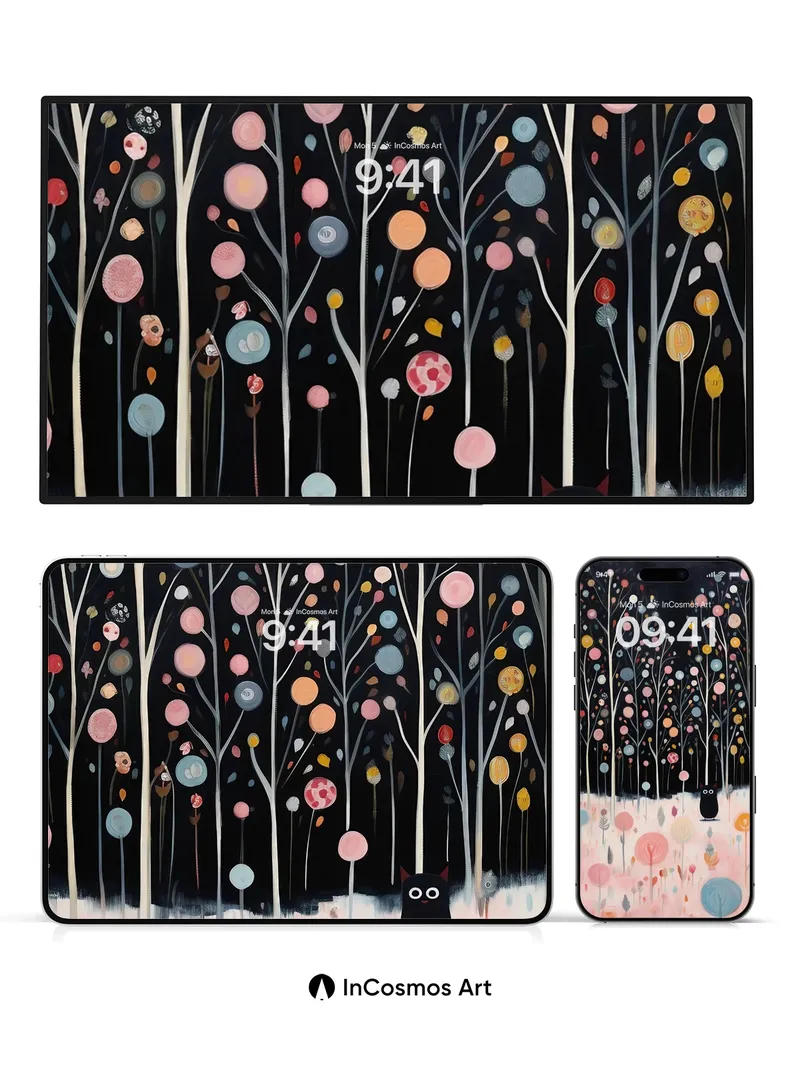 Whispering Grove Wallpaper with Midnight Cat