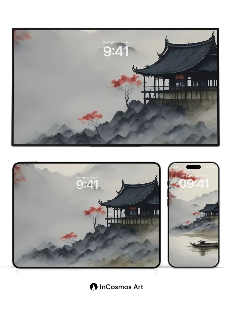 Mist Veil Wallpaper with Crimson Branches