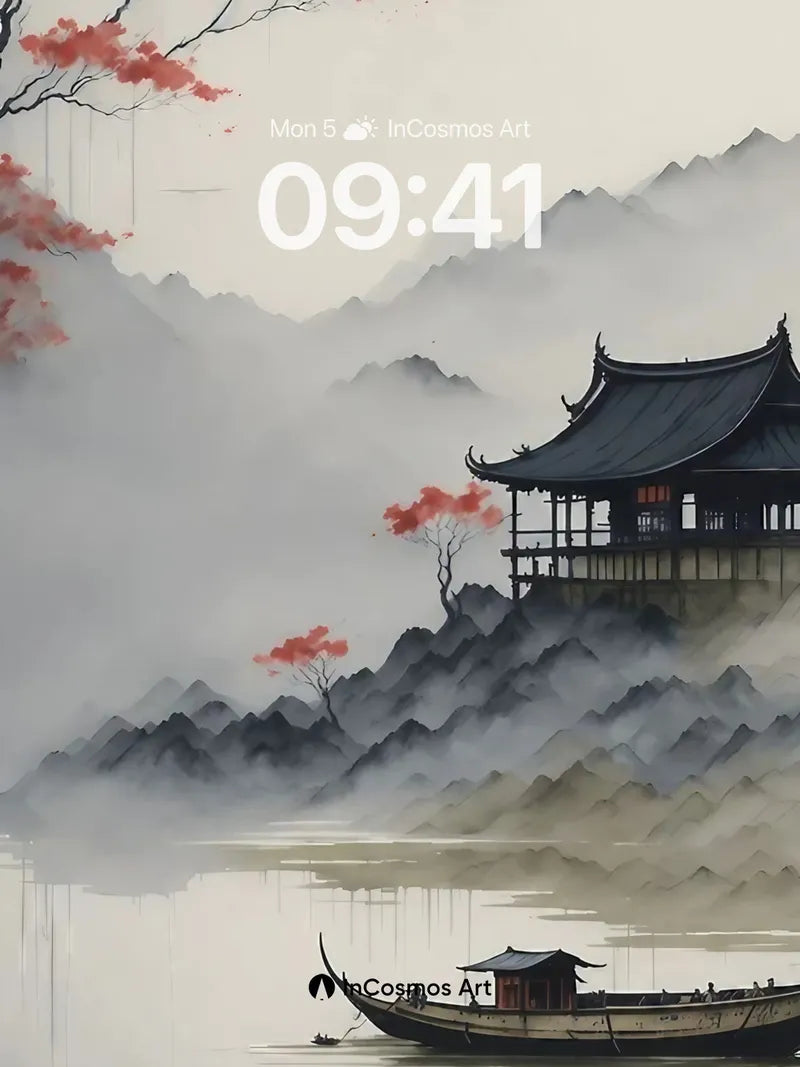 Mist Veil Wallpaper with Crimson Branches