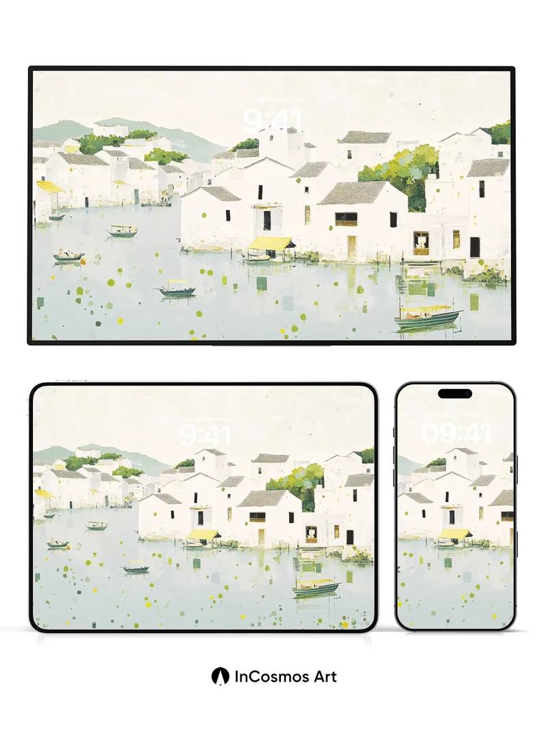 Serene Water Village Wallpaper with Floating Light