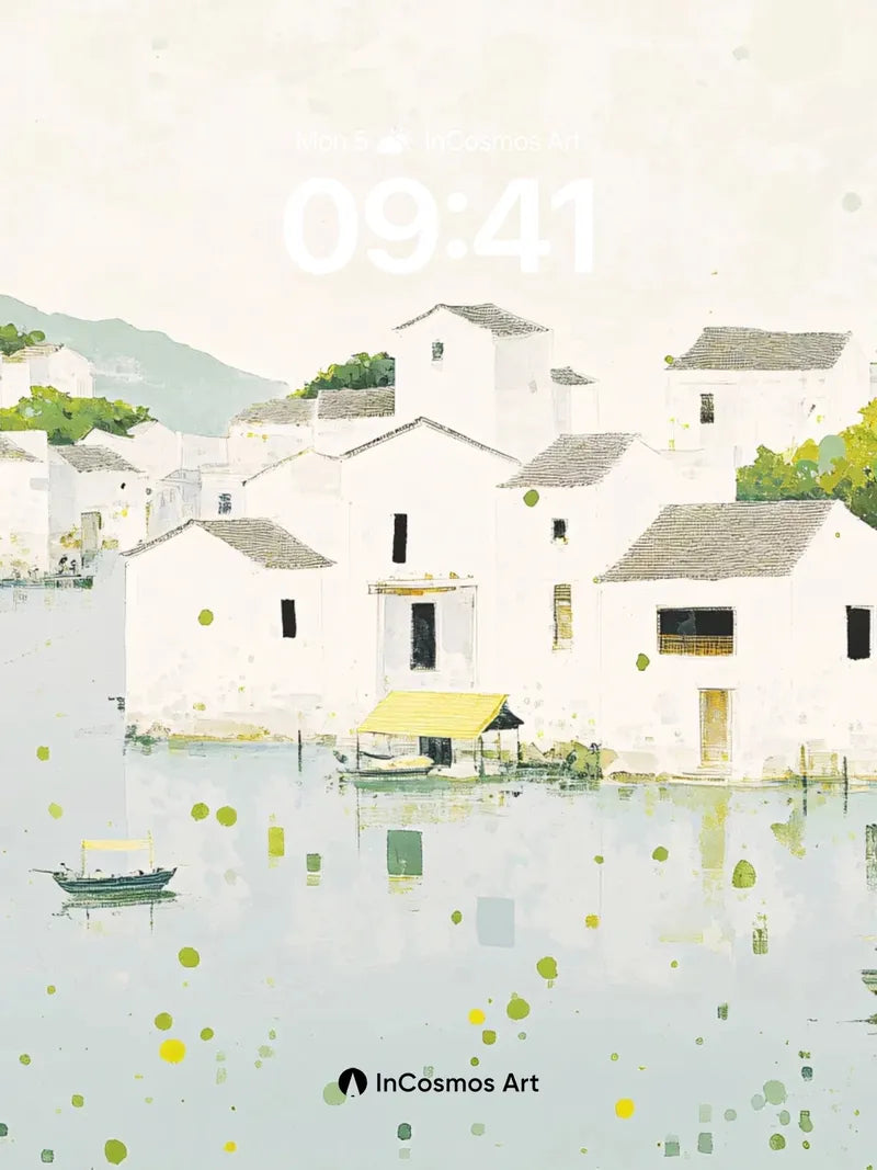 Serene Water Village Wallpaper with Floating Light