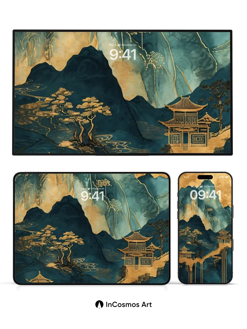 Golden Veil Mountain Wallpaper with Inked Shadows