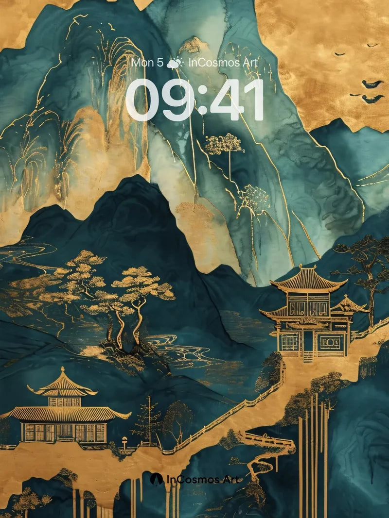 Golden Veil Mountain Wallpaper with Inked Shadows