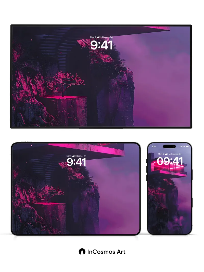 Neon Cliffs Wallpaper with Floating Glass Chamber