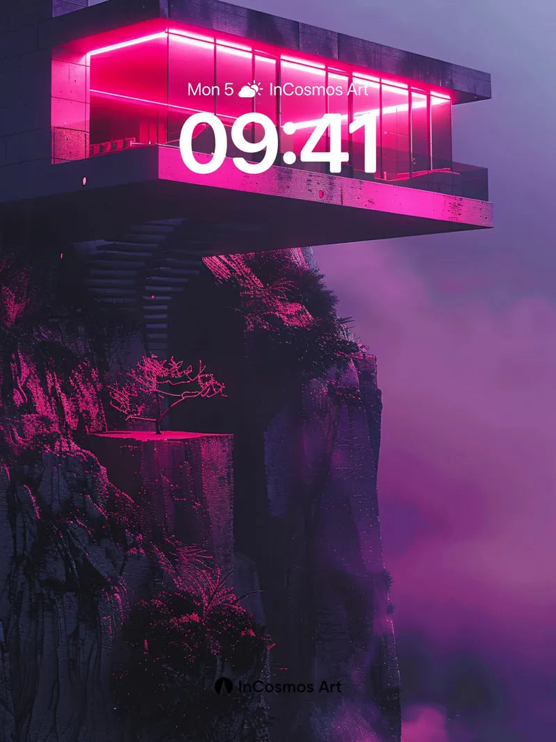 Neon Cliffs Wallpaper with Floating Glass Chamber