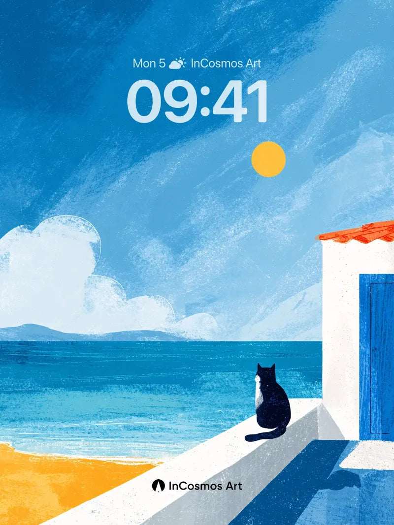 Serenity Seaside Wallpaper with Midnight Cat wallpaper for iPhone, iPad & Mac