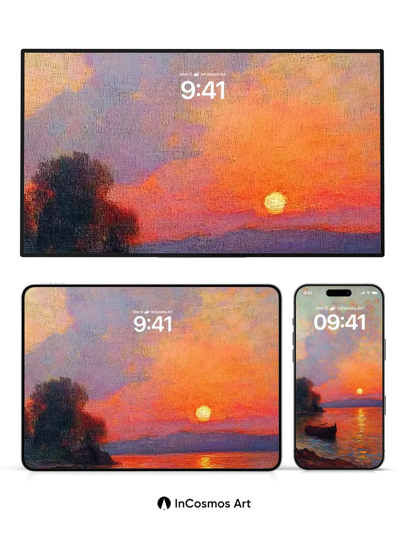 Serenity Sunset Wallpaper with Drifting Boat