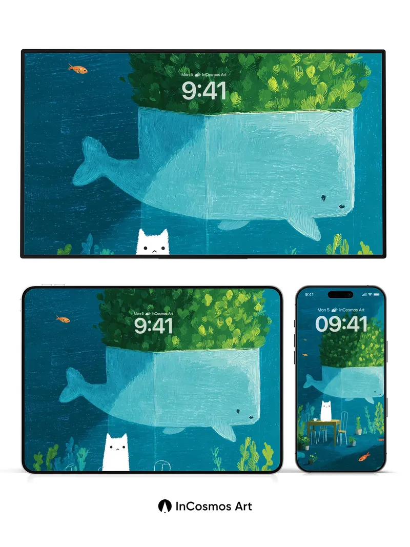 Whispering Depths Wallpaper with Floating Cat