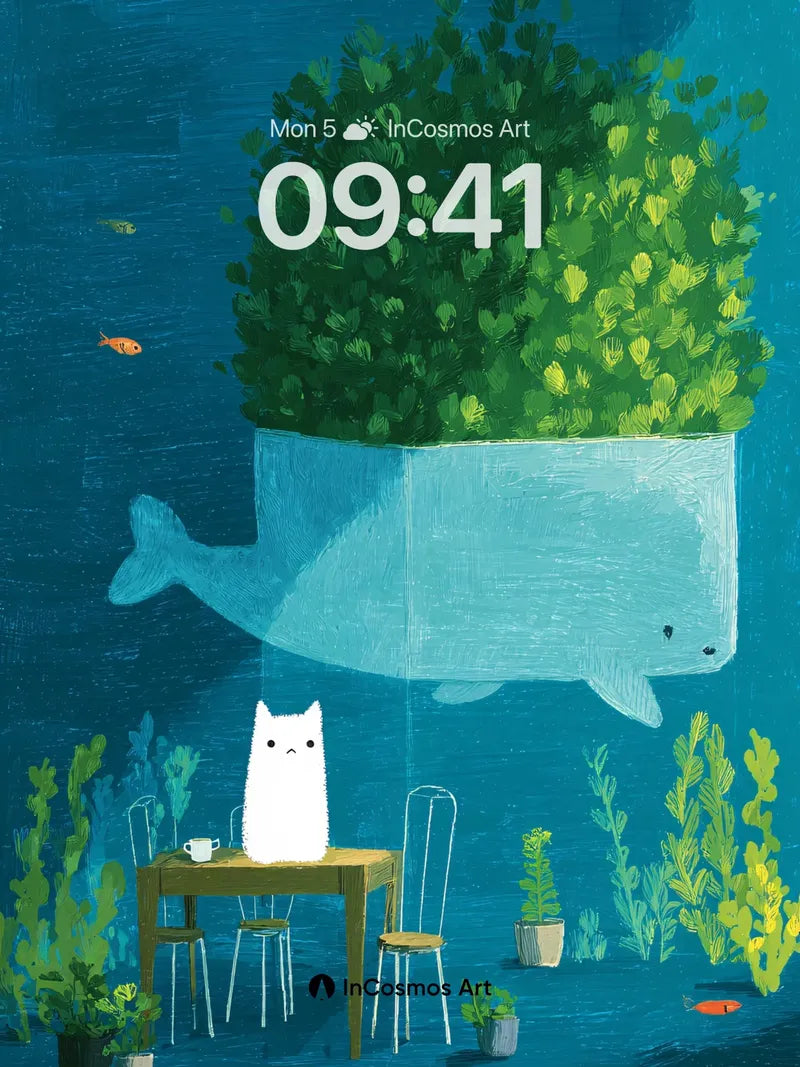 Whispering Depths Wallpaper with Floating Cat wallpaper for iPhone, iPad & Mac