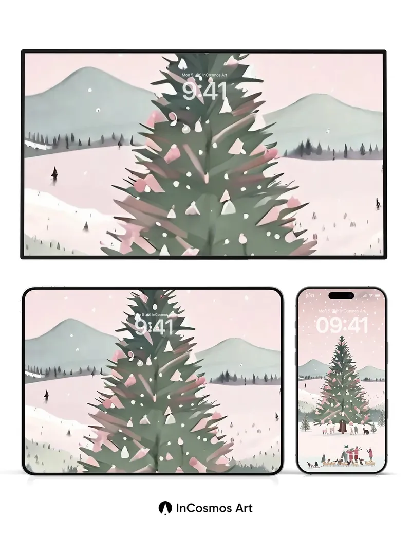 Frost-Laced Pine Wallpaper with Silent Gatherings