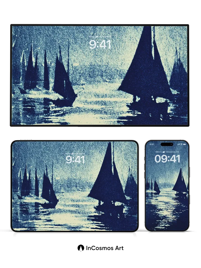 Moonlit Sail Silhouettes Wallpaper in Cyanotype Hue