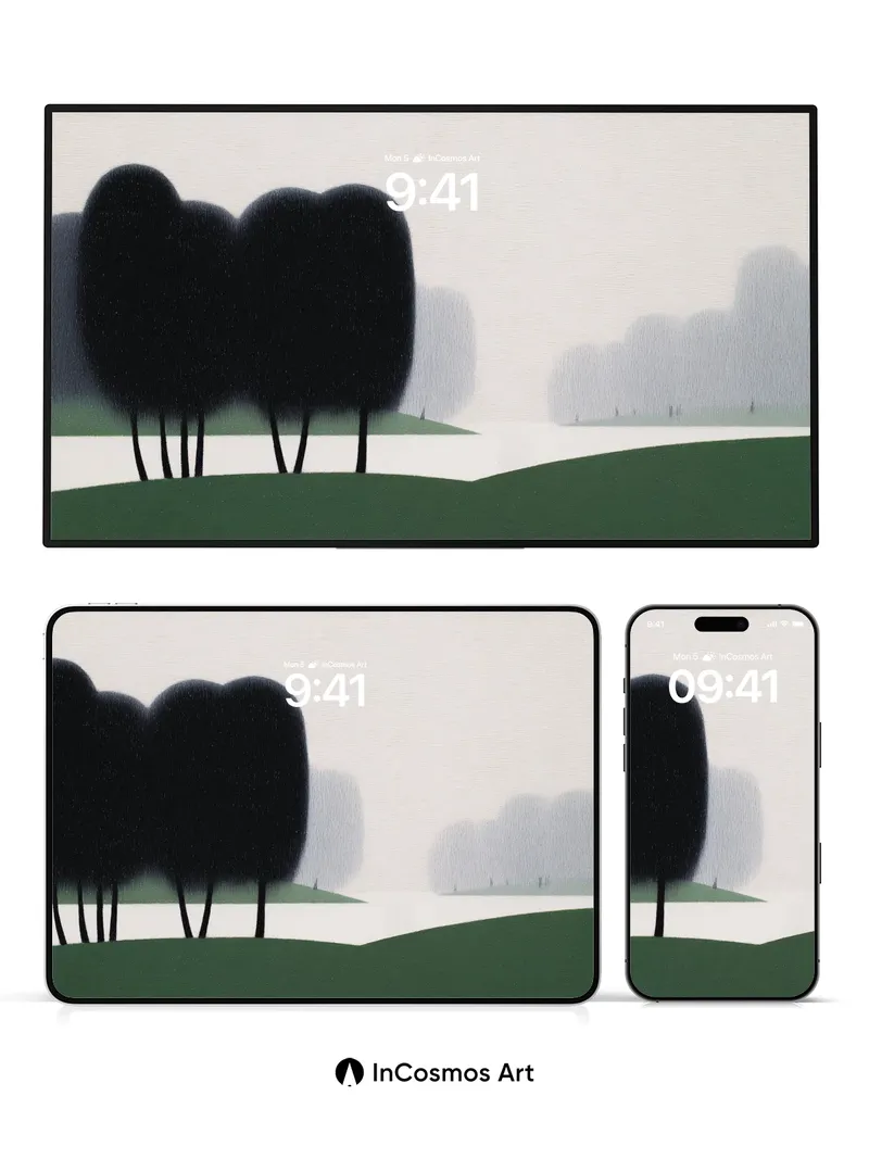 Misty Silence Wallpaper with Shadowed Trees