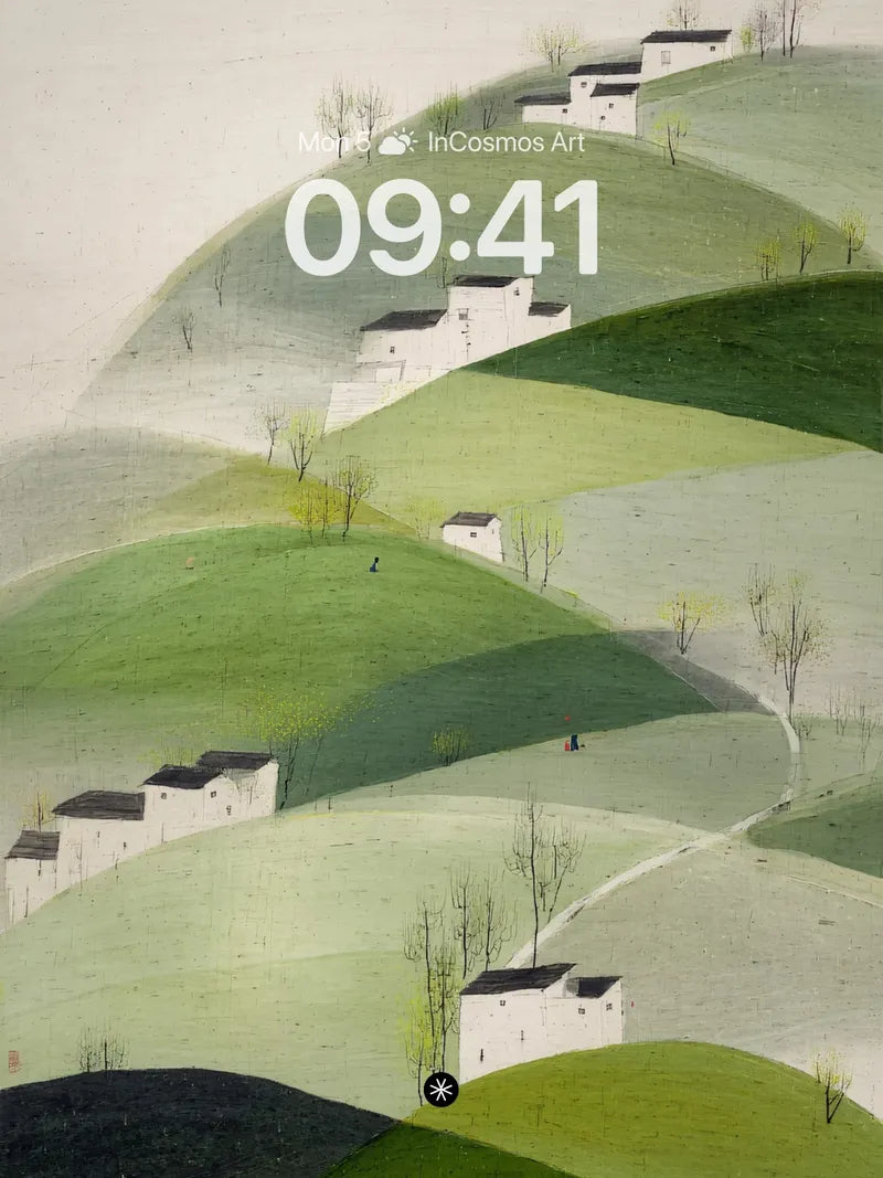 Serene Hillside Villages Wallpaper in Soft Haze wallpaper for iPhone, iPad & Mac