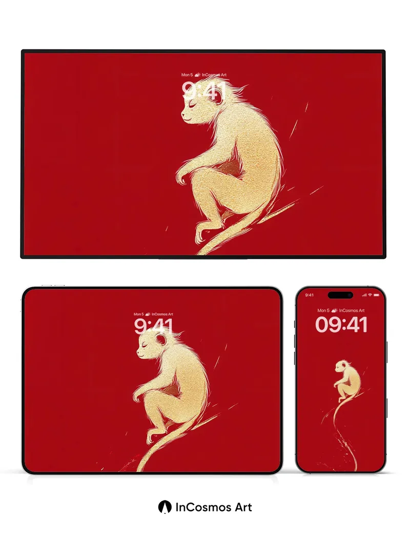 Serene Monkey Wallpaper with Golden Brushstroke