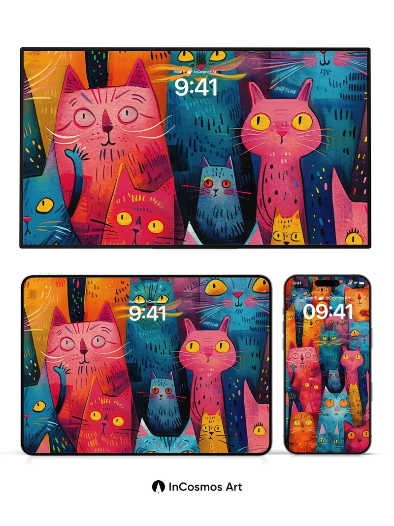 Electric Feline Wallpaper with Neon Whiskers