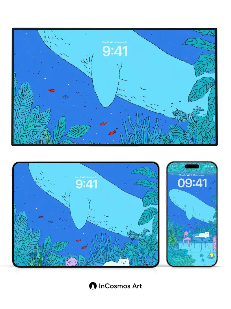 Whale-Swim Surreal Wallpaper with Cat Café