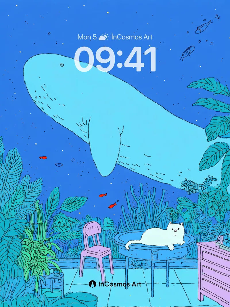 Whale-Swim Surreal Wallpaper with Cat Café wallpaper for iPhone, iPad & Mac