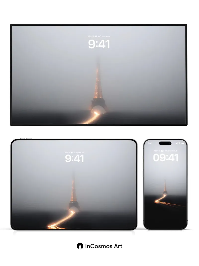 Fog-Laced Eiffel Wallpaper with Light Trails