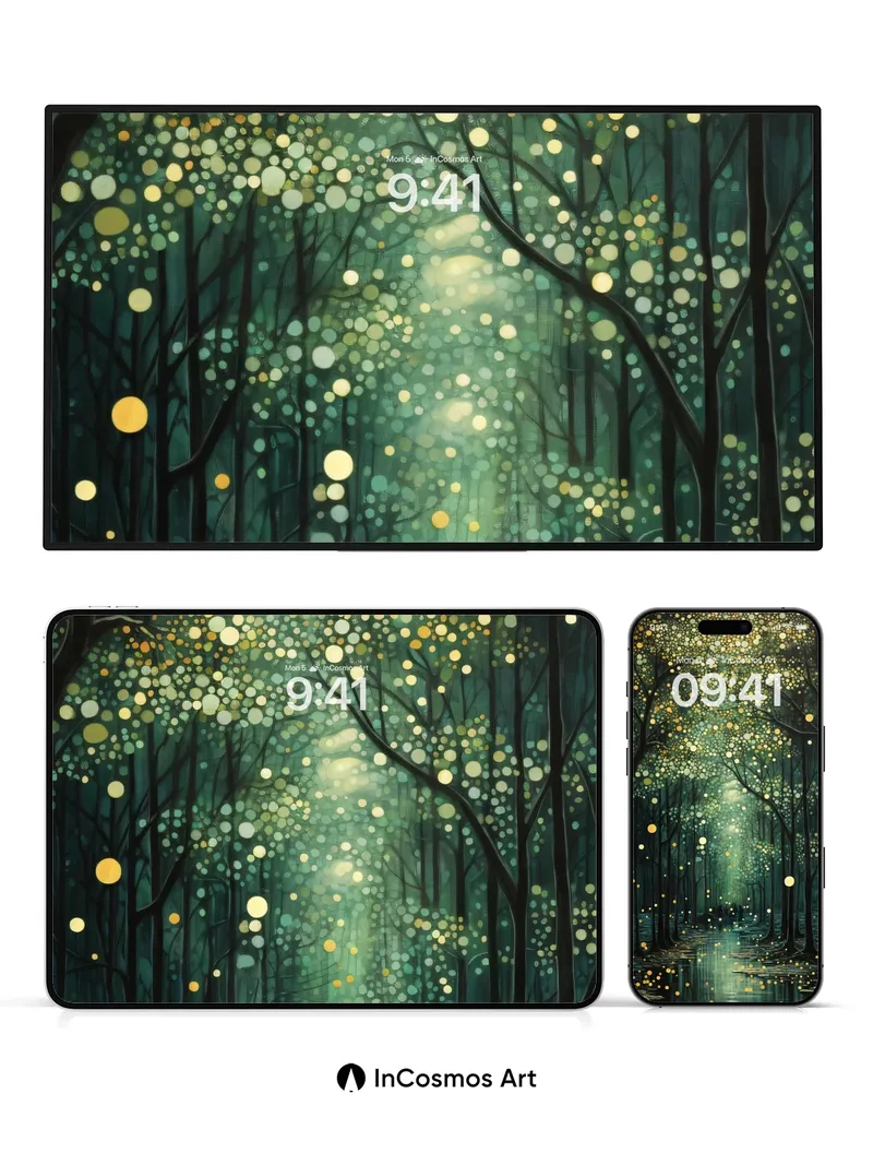 Luminous Forest Wallpaper with Floating Light Dots