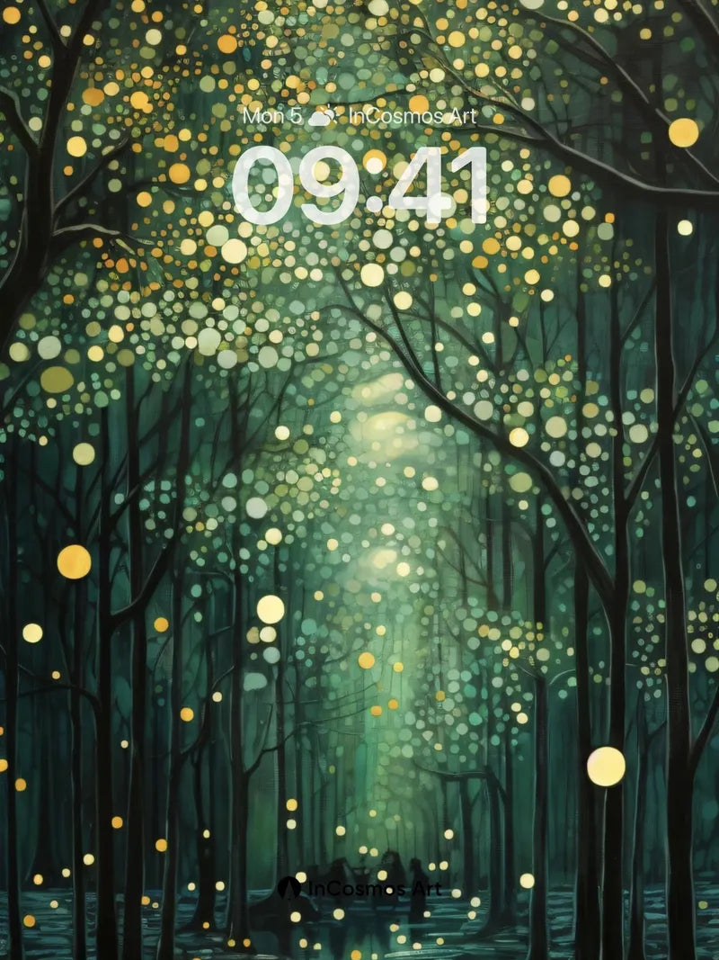 Luminous Forest Wallpaper with Floating Light Dots
