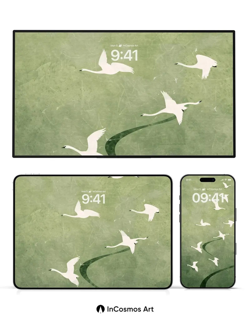 Serene Swan Migration Wallpaper in Misty Green