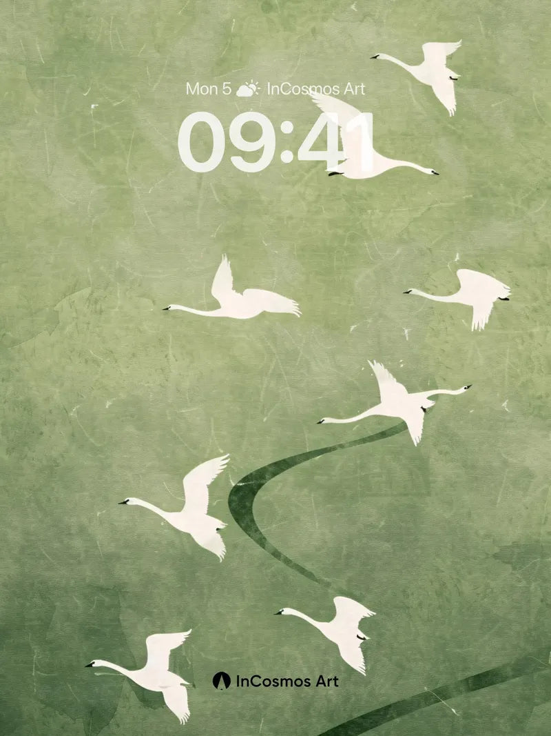 Serene Swan Migration Wallpaper in Misty Green wallpaper for iPhone, iPad & Mac