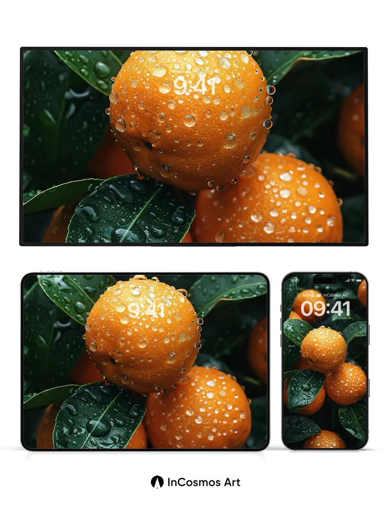 Glistening Citrus Wallpaper with Dew-Kissed Leaves