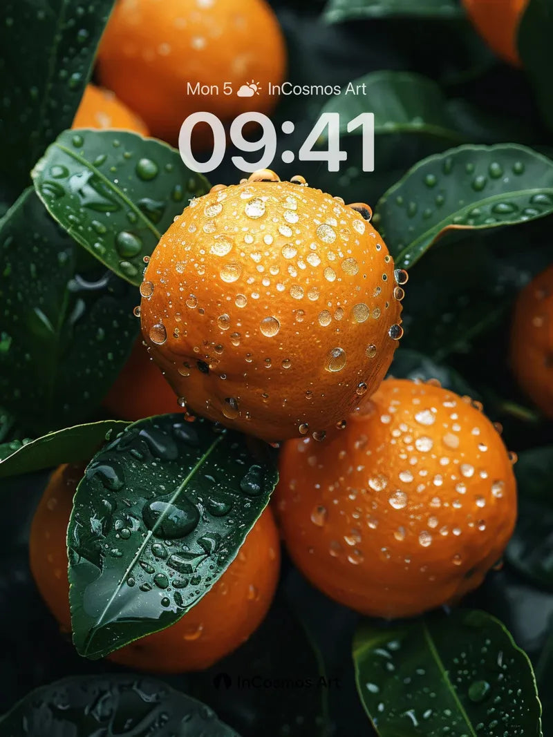 Glistening Citrus Wallpaper with Dew-Kissed Leaves