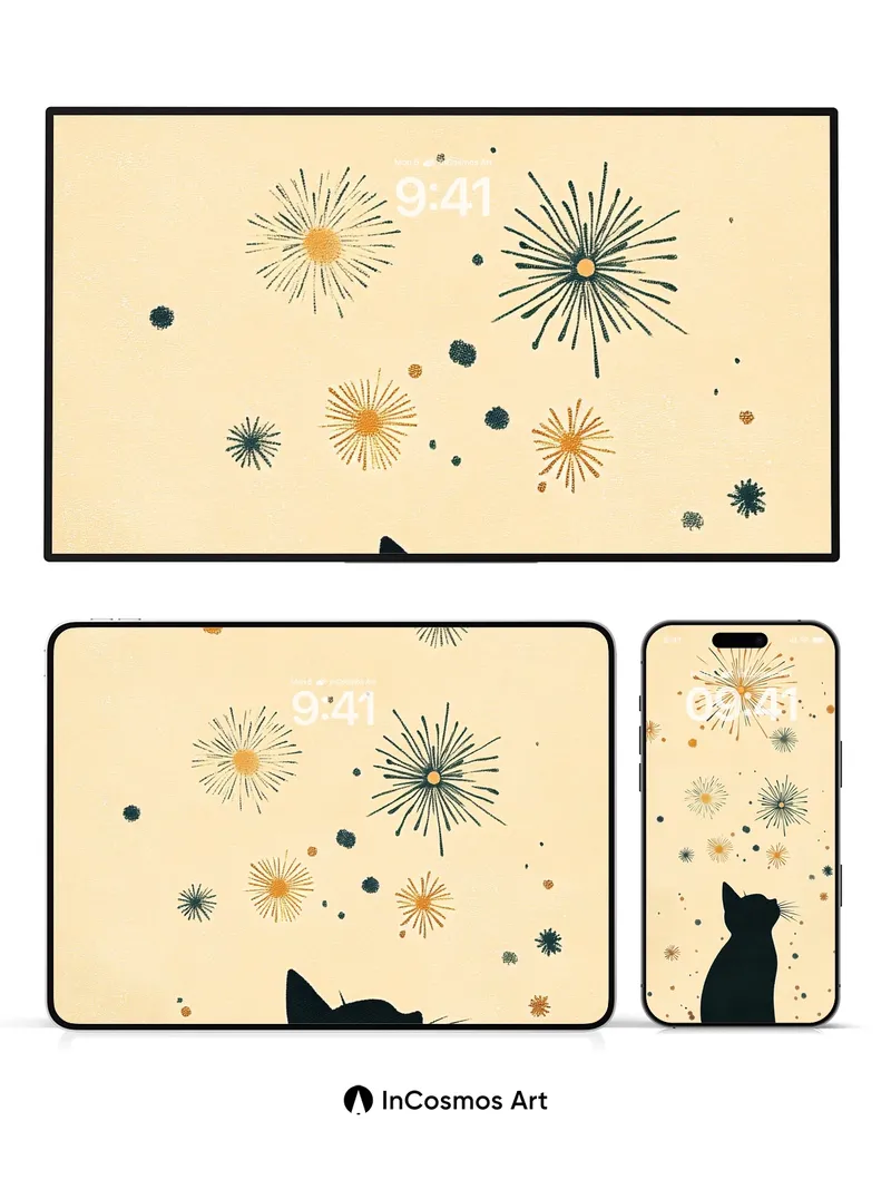 Midnight Whisker Wallpaper with Firework Constellations