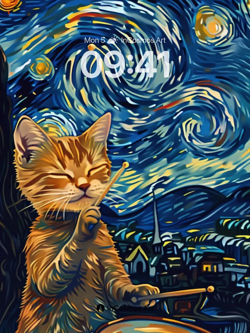 Starry Night Rhythm Wallpaper with Feline Drummer wallpaper for iPhone, iPad & Mac