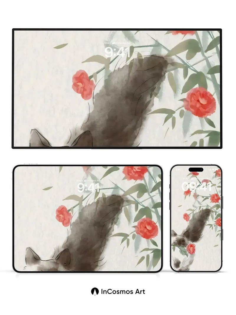 Whispering Petal Wallpaper with Ink-Soft Cat
