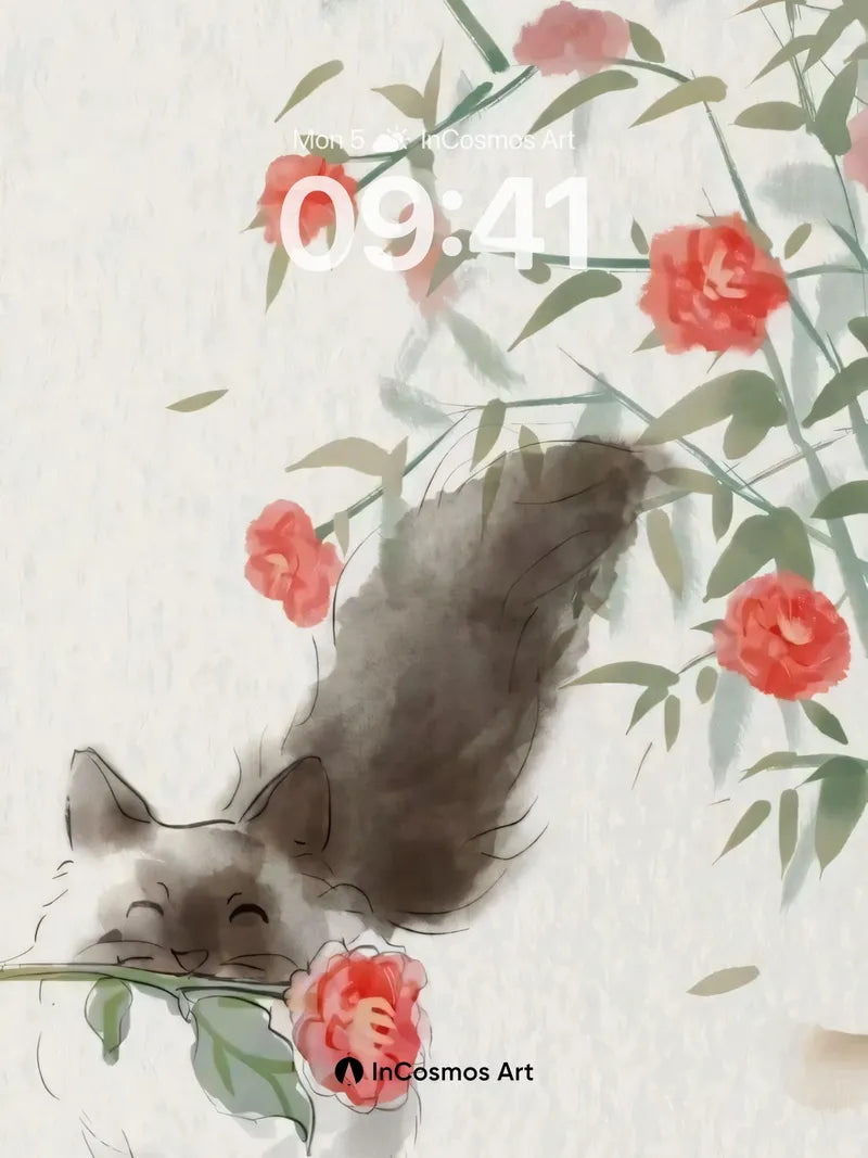 Whispering Petal Wallpaper with Ink-Soft Cat