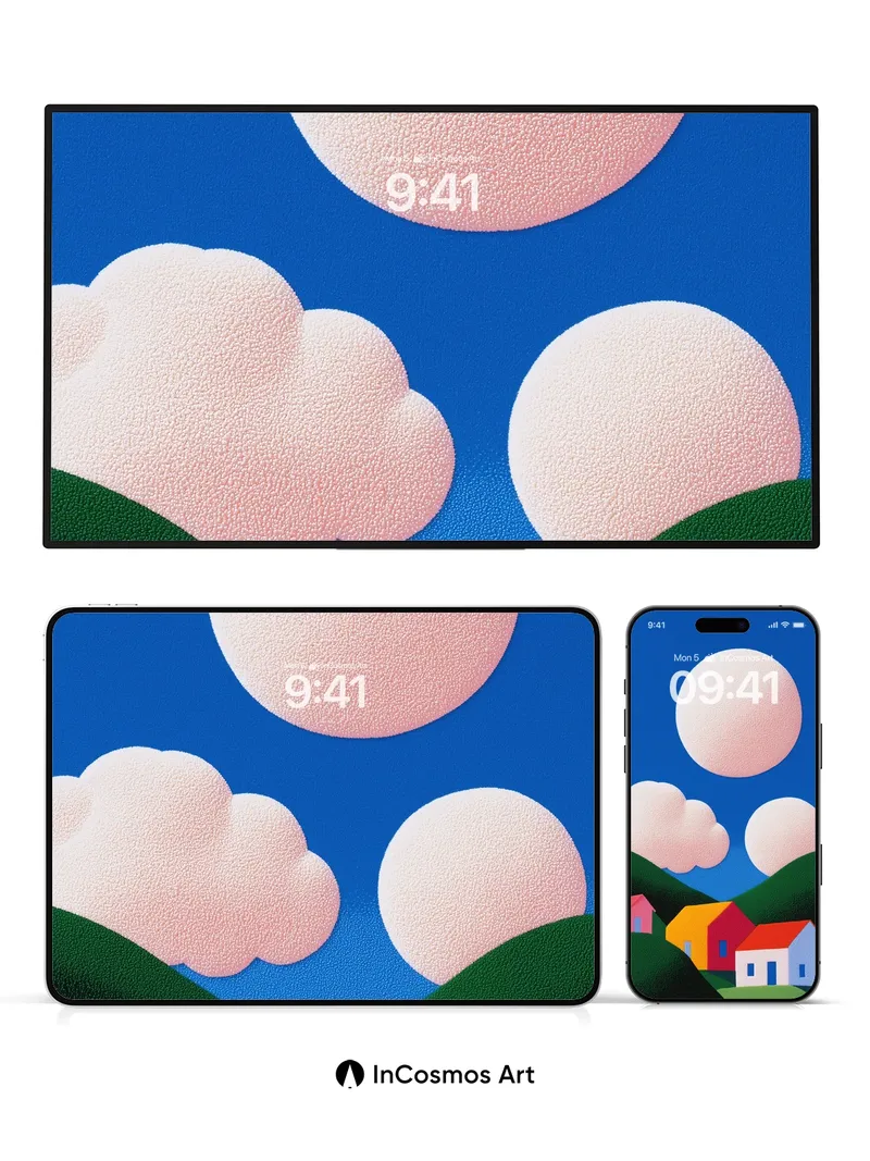 Serene Hillside Wallpaper with Floating Sun Discs