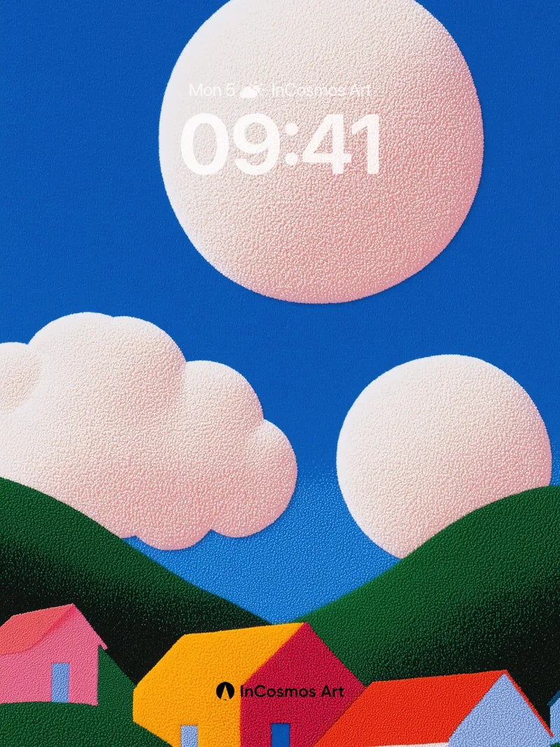 Serene Hillside Wallpaper with Floating Sun Discs