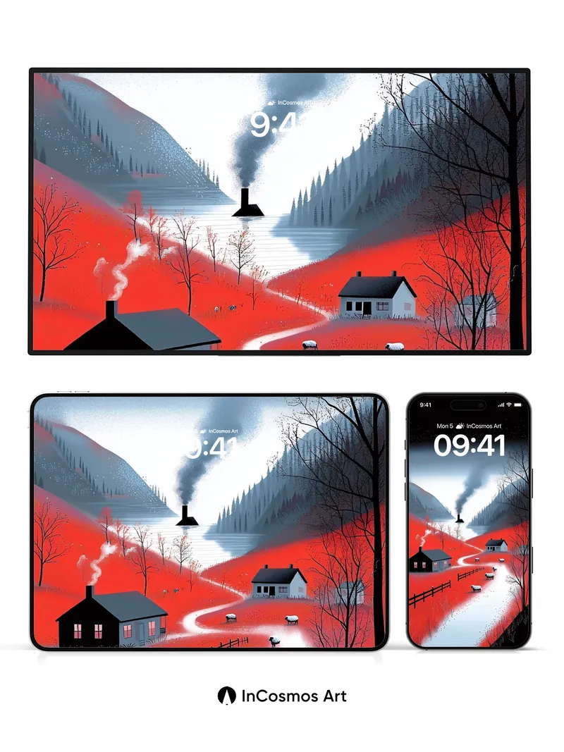 Crimson Valley Wallpaper with Smoking Chimney