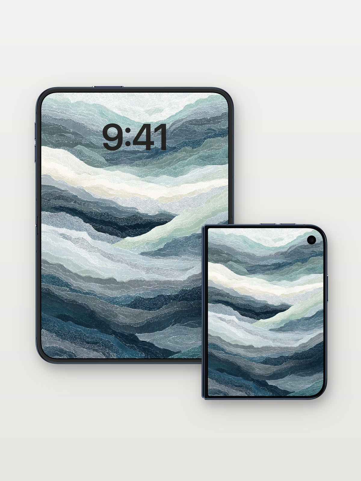 Serpentine Valley Wallpaper with Whispering Lines on iPhone Duo, open and closed