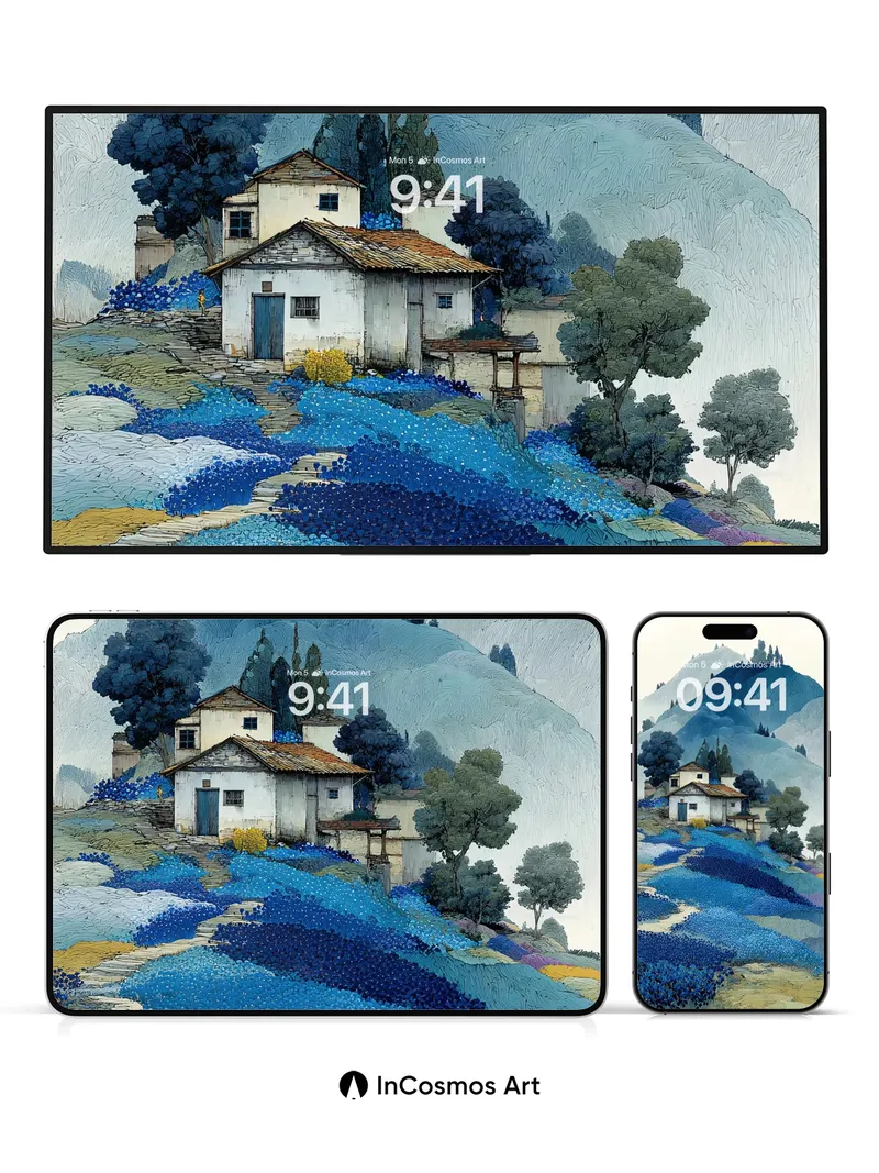 Serenity in Blue Fields Wallpaper with Mountain Hush