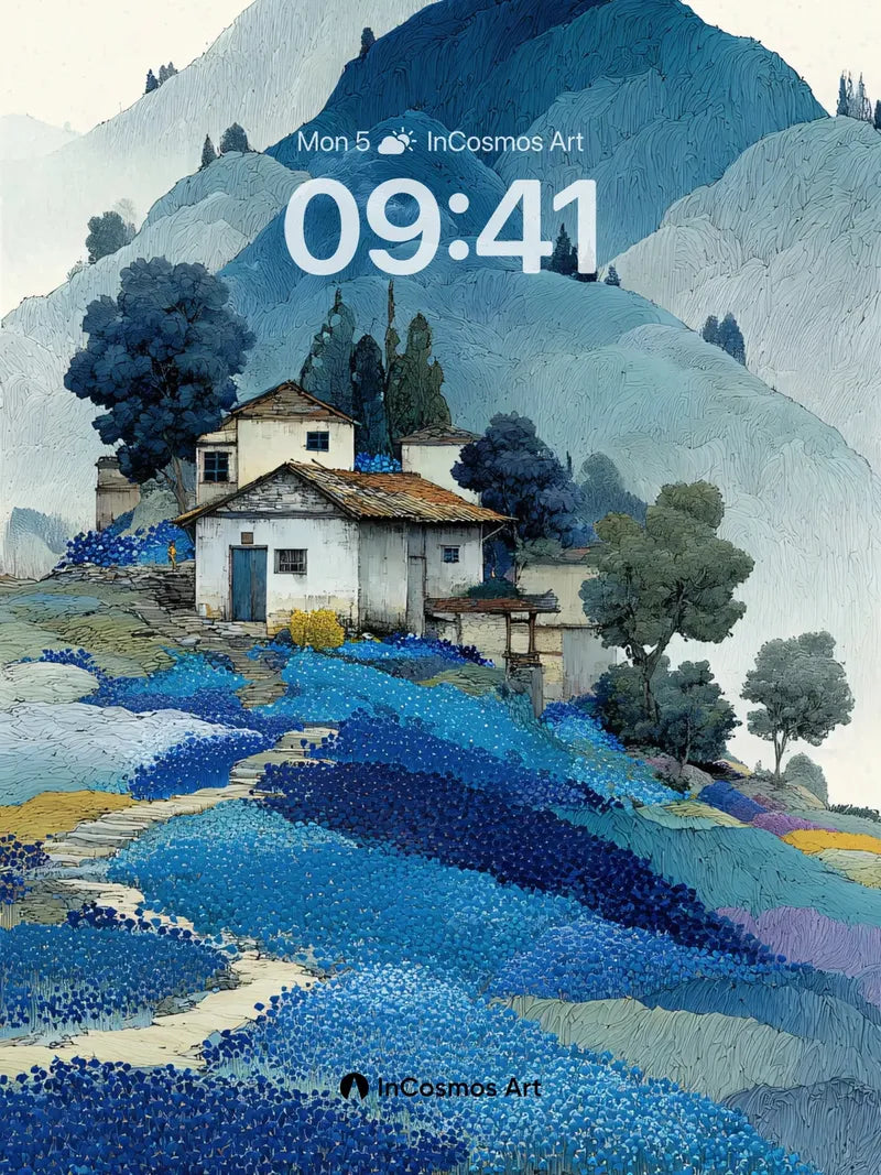 Serenity in Blue Fields Wallpaper with Mountain Hush