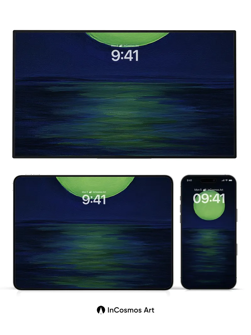 Luminous Green Moon Wallpaper with Ocean Reflection