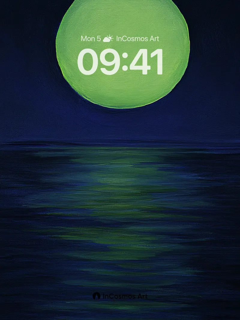 Luminous Green Moon Wallpaper with Ocean Reflection