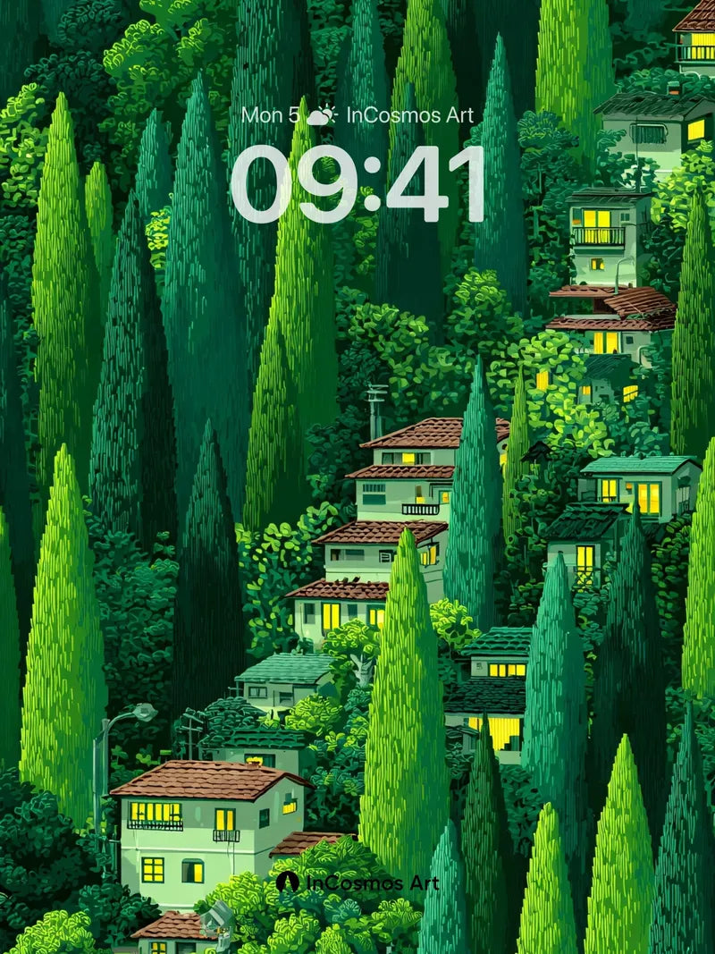 Luminous Forest Wallpaper with Hidden Homes wallpaper for iPhone, iPad & Mac