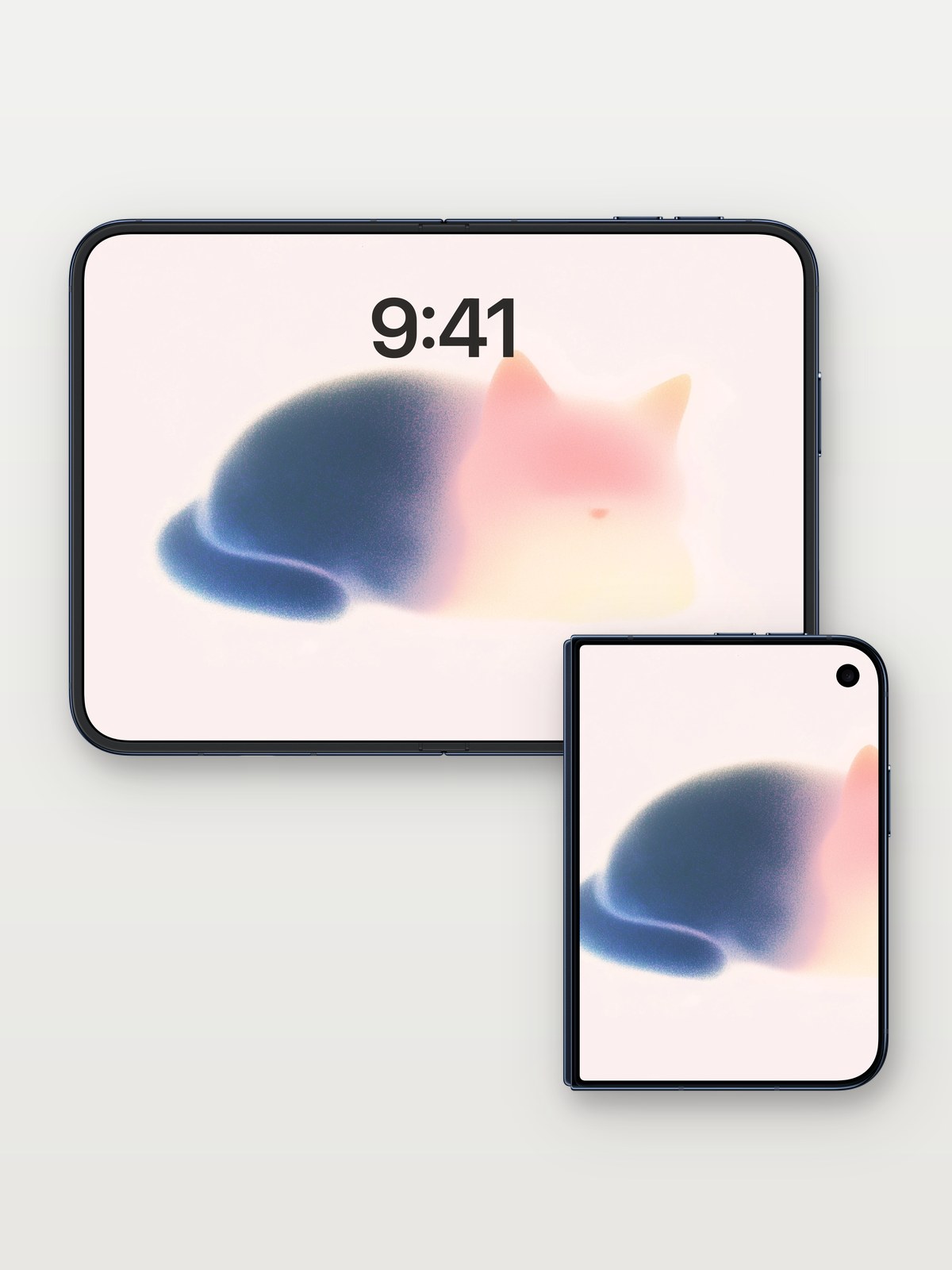 Serenity Haze Wallpaper with Soft Gradient Cat on iPhone Duo, open and closed
