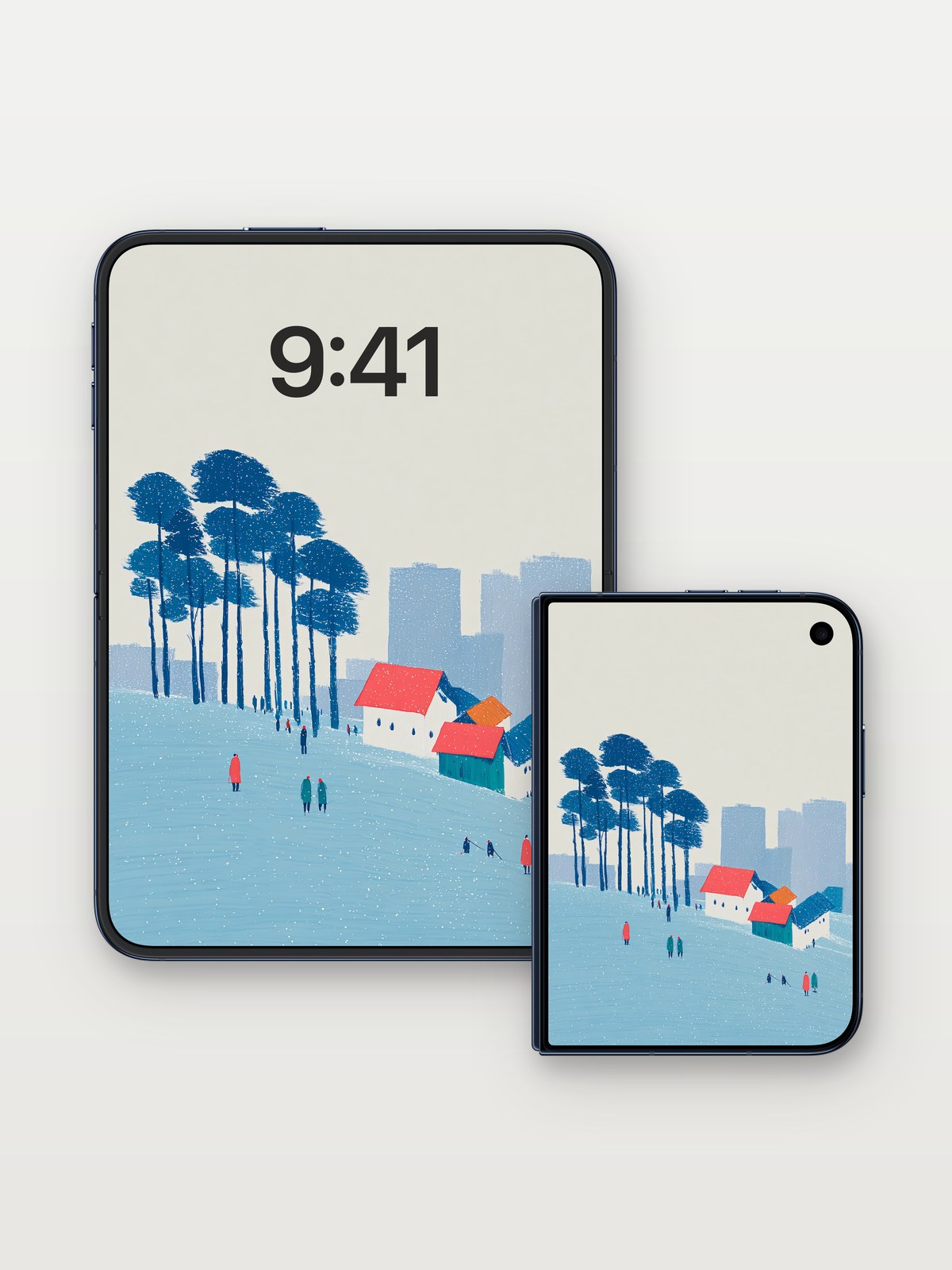Serene Snowscape Village Wallpaper with Cozy Winter Charm on iPhone Duo, open and closed