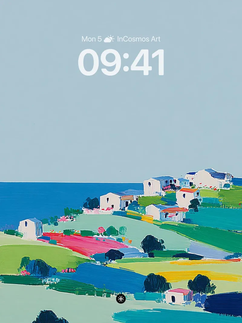 Serene Coastal Village Background with Vibrant Fields wallpaper for iPhone, iPad & Mac