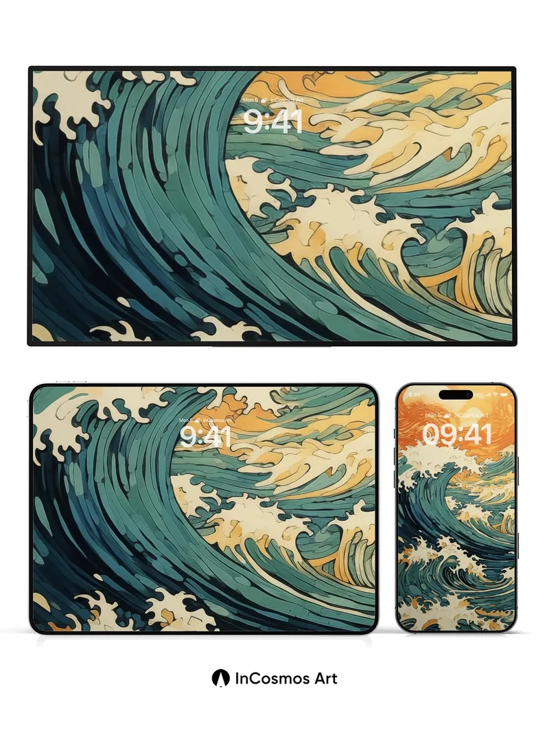 Crimson Horizon Wallpaper with Hokusai Waves