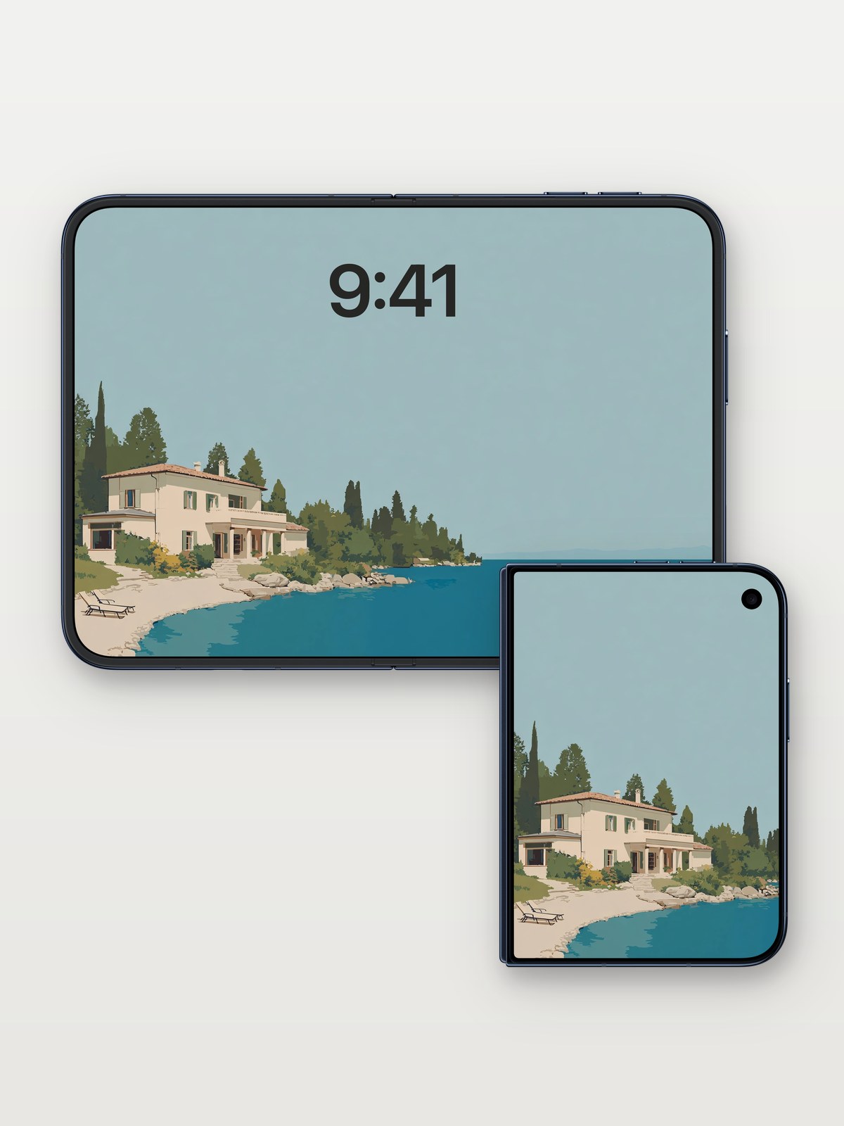 Mediterranean Serenity Wallpaper - Coastal Villa Retreat on iPhone Duo, open and closed