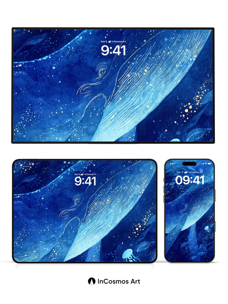 Sapphire Whisper Wallpaper with Celestial Whales